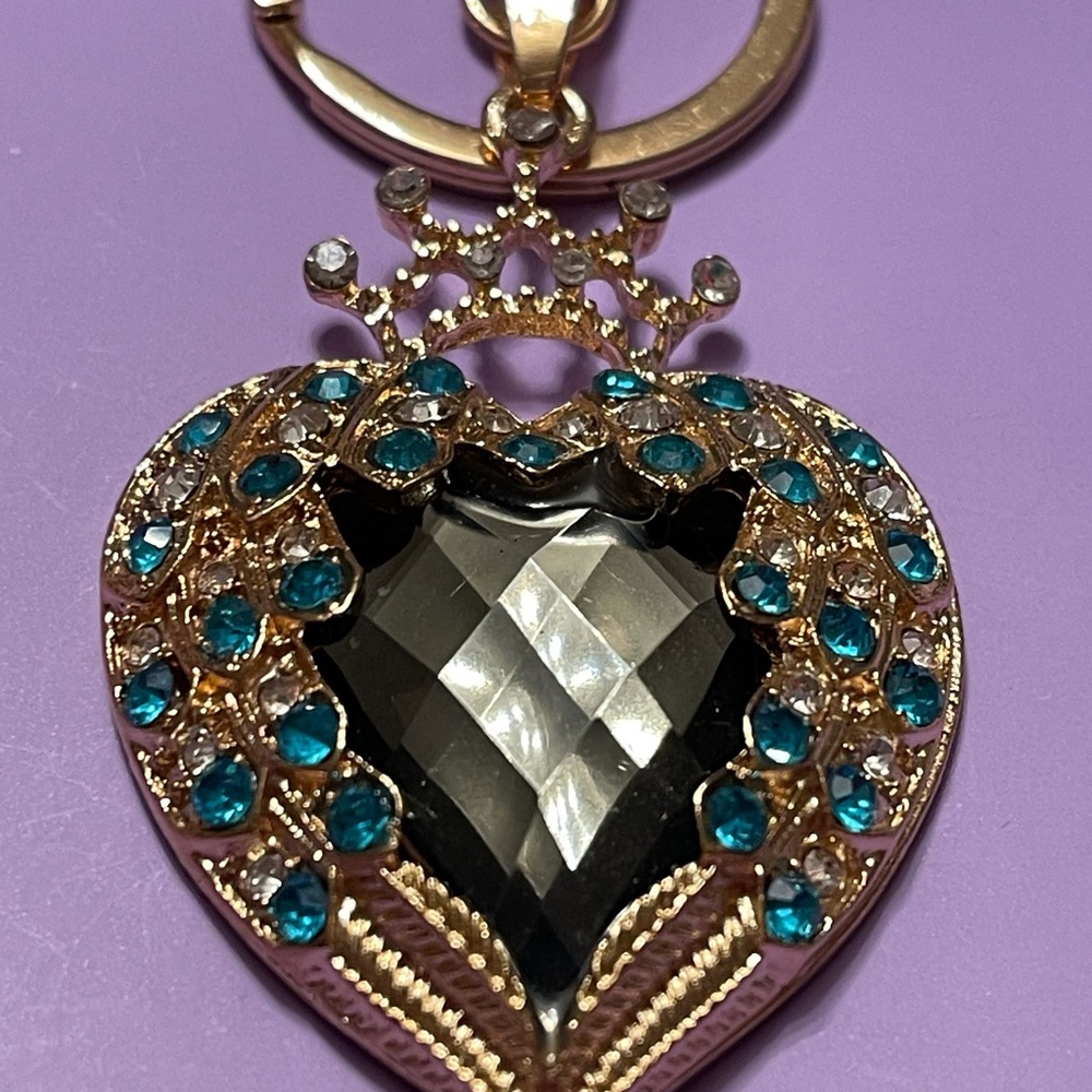 Heart Bag Charm NEW Keychain Jewelry Crown Rhinestones Sparkle Purse Bling - Picture 3 of 15